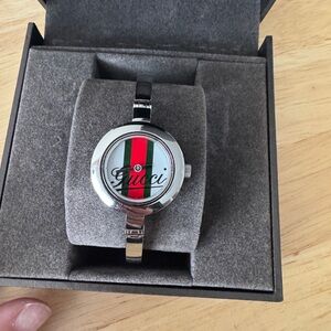Gucci Silver Timepiece with Red and Green Accents